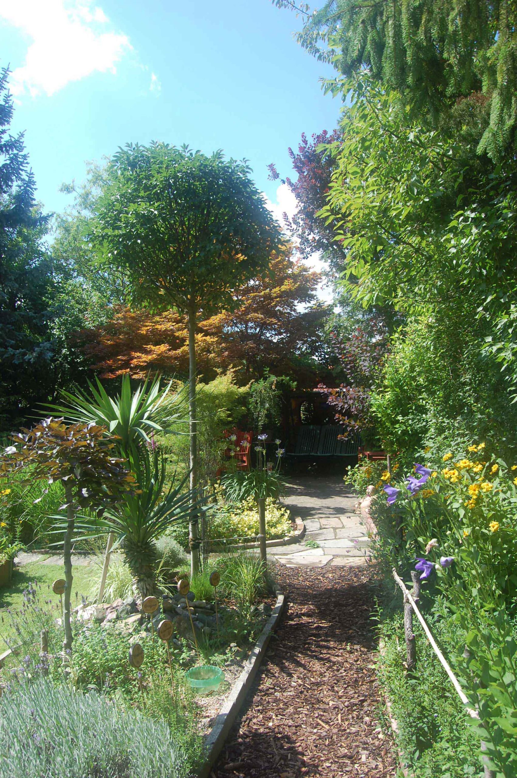 Gartenanlage mit Weg aus Rindenmulch